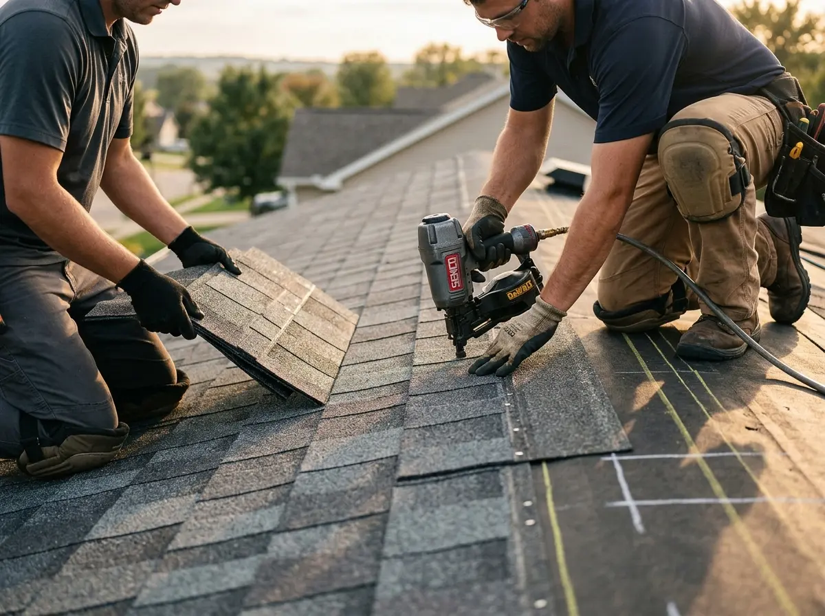 Professional roofer working on a residential roof in Taylorsville